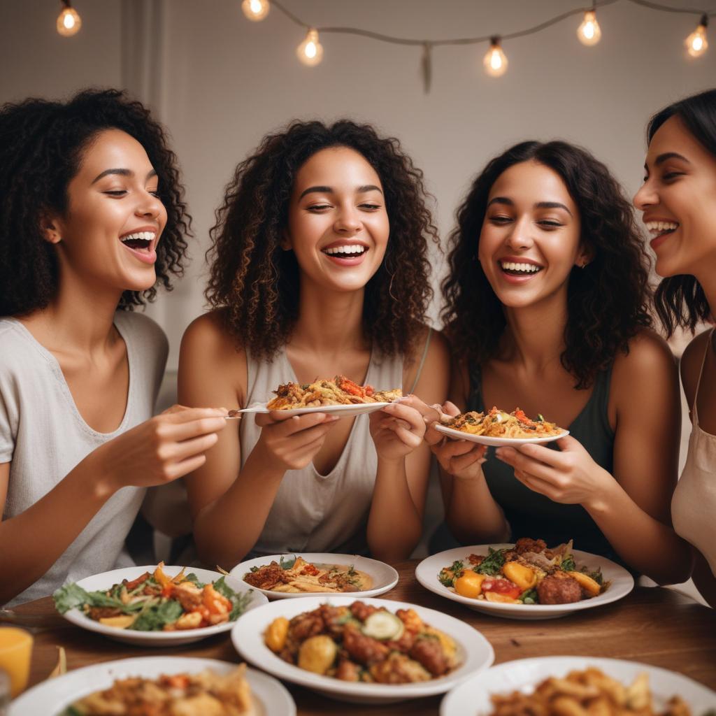  Four women happily enjoying a meal together, illustrating the social aspect and flexibility of cheat meals.