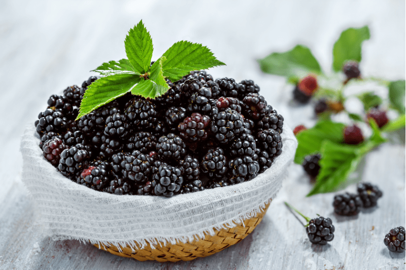 Basket of fresh blackberries with green leaves on a white wooden table, showcasing the vibrant colors and natural texture of the berries